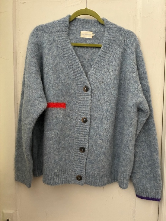 The Elder Statesman Sweaters - The Endery Sky Blue Mohair Cardigan with Red Stripe